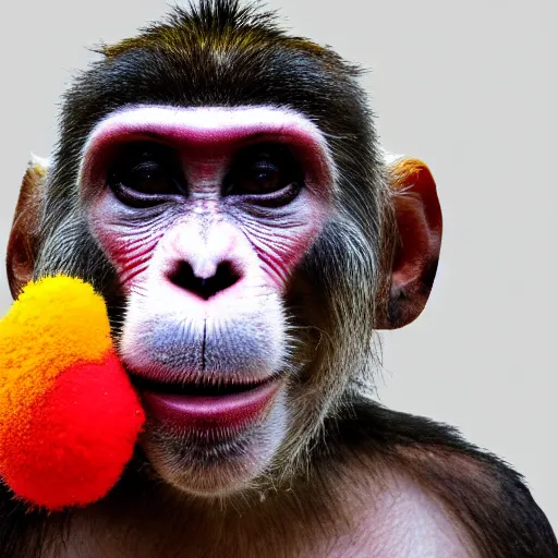 Image similar to a photo of a monkey with clown paint, sidelit, a stock photo by paul harvey, shutterstock contest winner, neo - primitivism, creative commons attribution, behance hd, freakshow