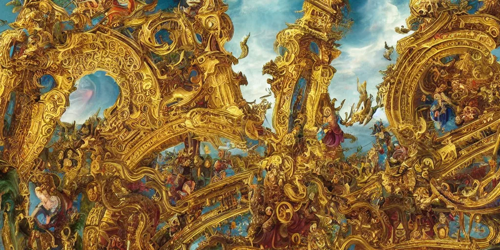 Image similar to beautiful!!! ornate heavenly!!! gold rococo megastructure in the style of heironymus bosch, colorful intricate masterpiece, hyper detailed, hd