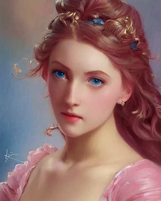 Prompt: princess, brilliant pink ball gown, beautiful face, oil on canvas, artstation, pretty blueeyes, by j. c. leyendecker and edmund blair leighton and charlie bowater, beautiful face, octane, very aesthetic!!!!!!!!!!!!!!! stunning gorgeous blue eyes