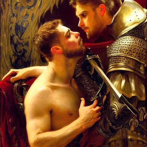 Image similar to attractive fully clothed arthur pendragon confesses his love for his attractive fully clothed male knight. highly detailed painting by gaston bussiere and j. c. leyendecker 8 k