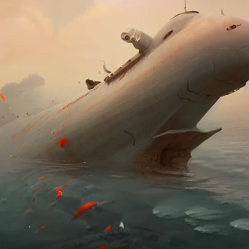 Image similar to subsurface scattering, white, giant submarine, koi colors, without koi, octane render, jesper ejsing, justin gerard, james jean, tomasz alen kopera, cgsociety, fenghua zhong, makoto shinkai, highly detailed, rim light, art, cinematic lighting, very coherent, hyper realism, 8 k