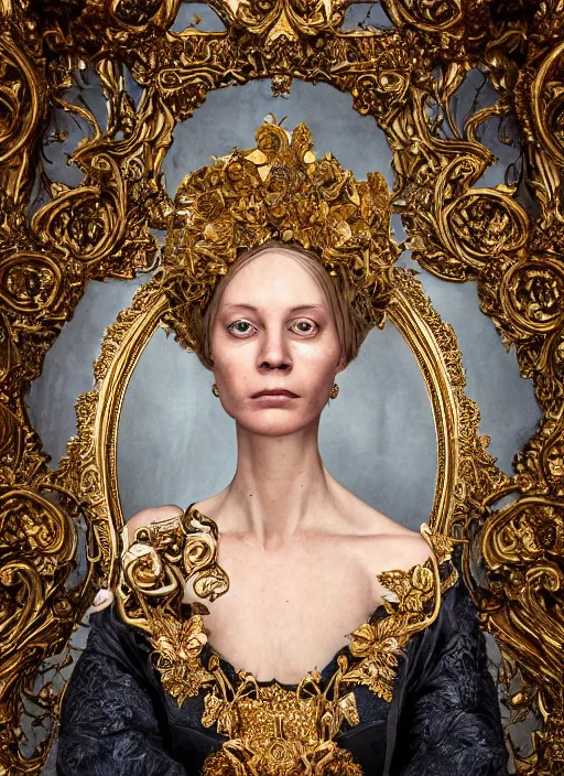 Image similar to a portrait of elizabeth cuthbert by stefan geselle and nekro borja, photorealistic, intricate details, hyper realistic, fantasy, elegant, baroque gold headpiece, photorealistic, canon r 3, photography, wide shot, symmetrical features, symmetrical pose, wide angle shot, head to toe, standing pose, feet on the ground, wearable art