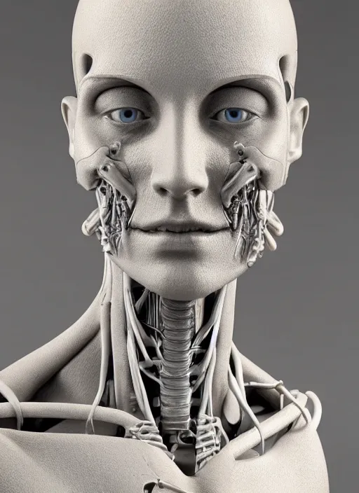 Prompt: an orthographic bust sculpture of anatomical female detailed cyborg, veins, mechanical parts, studio lighting by Wes Anderson