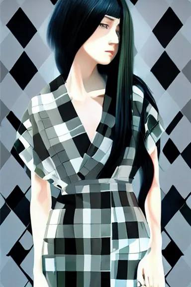 Prompt: mysterious girl with her long black hair dressed in a chequered robe anime art style, digital art by ilya kuvshinov, inspired by balthus, hd, 4 k, hyper detailed