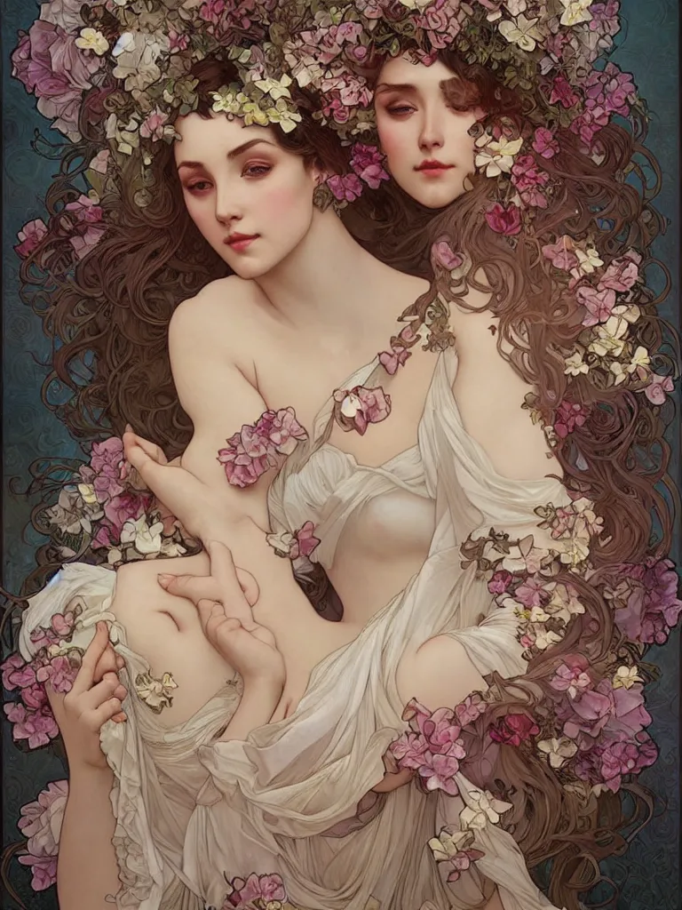 Image similar to sensuality, wrapped in flowers, art by Charlie Bowater, Alphonse Mucha, Tom Bagshaw