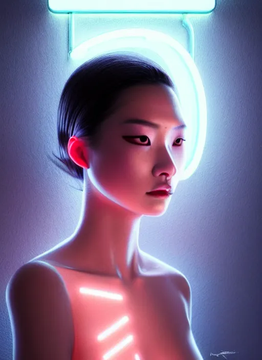 Image similar to photorealistic portrait of oriental female humanoid with freckle cheeks, cyber neon lightings, intricate, cyberpunk high fashion, elegant, crispy quality, digital photography, trending in artstation, trending in pinterest, glamor pose, no signature, no watermark, cinematic, octane render, art by artgerm, art by greg rutkowski, art by pascal blanche