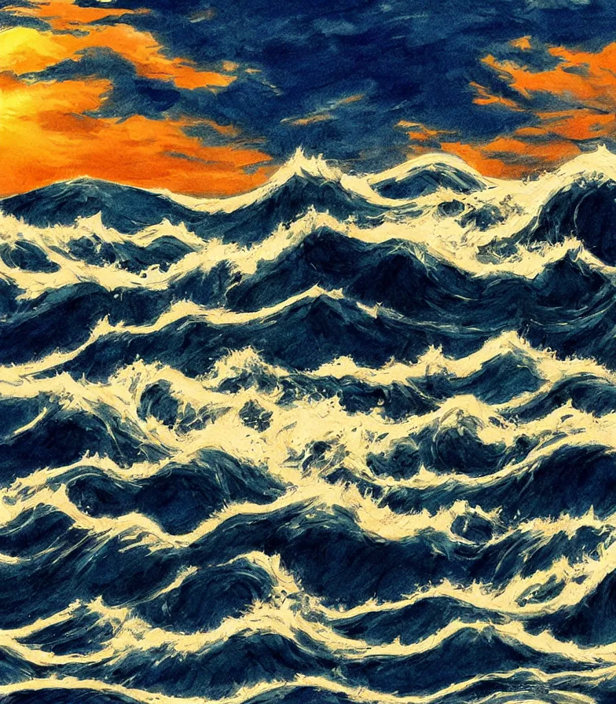 Prompt: a beautiful artwork of a perfect set of waves!, lineart, rough charcoal sketch, blue colored highlights, golden sunset, dark waves