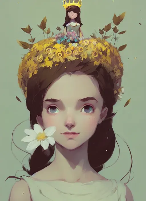 Image similar to portrait of cute fairy girl with crown of flowers fantasy, by atey ghailan, by greg rutkowski, by greg tocchini, by james gilleard, by joe gb fenton, by kaethe butcher, dynamic lighting, gradient light yellow, brown, blonde cream and white color in scheme, grunge aesthetic