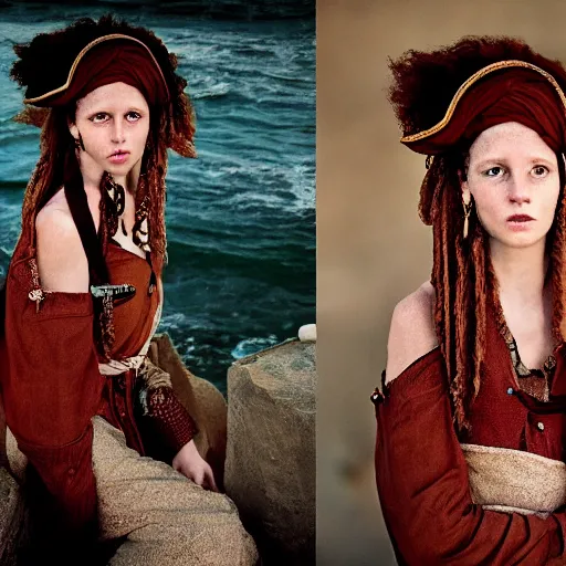 Prompt: beautiful 1 9 th century barbary coast pirate female models with ginger hair and golden hooped earrings photography by steve mccurry