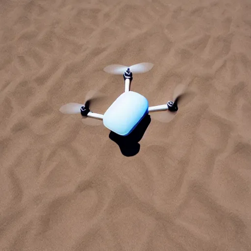 Image similar to photograph of a low polygon drone flying above sand,