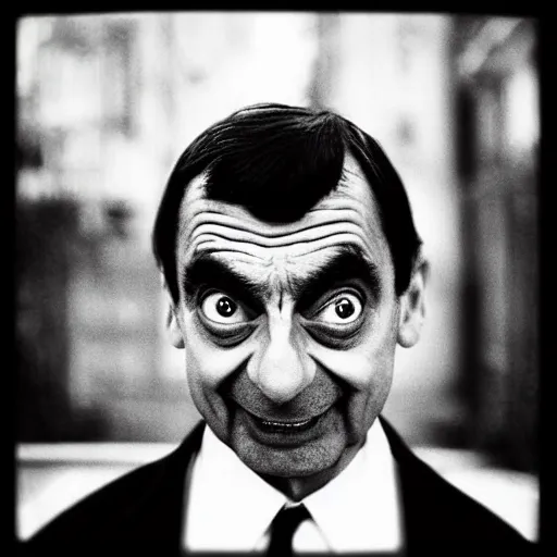 Prompt: “Ring camera footage of Mr. Bean at night, in the style of Richard Avedon”