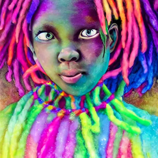 Image similar to a black girl with a colorful dreadlocks and rainbow eyes, in a candy forest! at night, bokeh, bright colours, watercolor, volumetric wool felting, macro photography, children illustration, by goro fujita