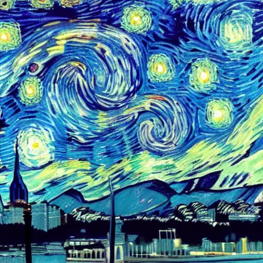 Image similar to Auckland skyline on a starry night painted by van gogh