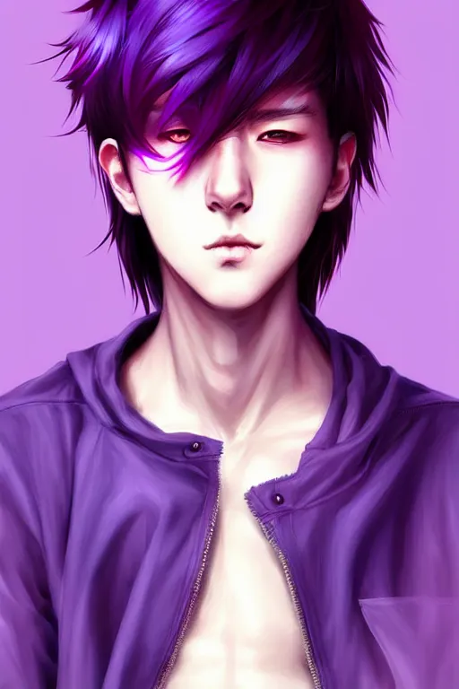 Prompt: gorgeous!!! hyper - realistic teenager boy with purple hair, purple eyes with red eye markets, slim body, wearing combat japanese clothes, holding a fan | drawn by wlop, drawn by jeehyung lee, drawn by artgerm | intricate, highly detailed, digital painting, character design, concept art, illustration, artstation