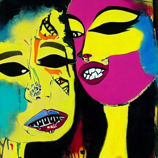 Image similar to beautiful painting of two bizarre psychedelic goth women kissing each other closeup in a cafe in japan, speculative evolution, mixed media collage by basquiat and jackson pollock, magazine collage art, sapphic art, lesbian art