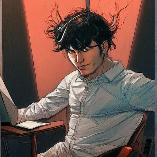 Image similar to a beautiful artwork of a young male scientist with black hair sitting on a chair at a desk by Jerome Opeña, featured on artstation