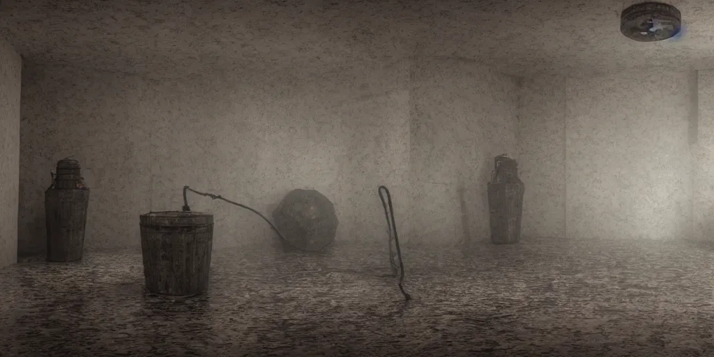 Image similar to echo chamber room, dark art fantasy, 3d render, super detailed, puddle of water, barrels, foggy