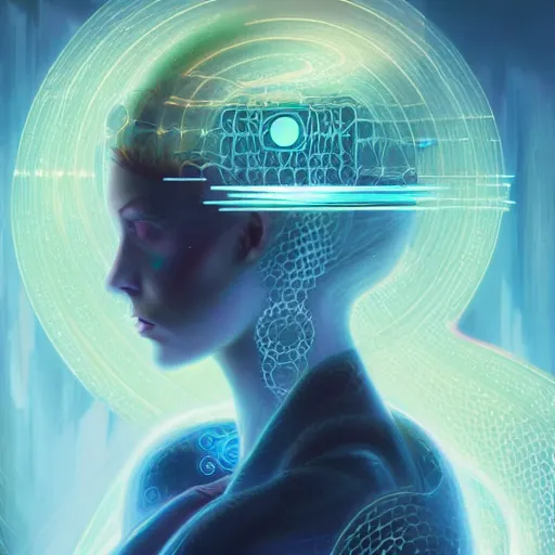 Image similar to intricate holographic quantum ghostwave entanglement goth girl made of microcircuitry and transistors in a glowing deap sea by peter mohrbacher and nekro, trending on artstation, cgsociety 4 k