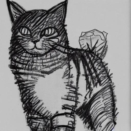 Image similar to bad crayon drawing of a cat done very quickly by an unskilled child, thick lines, shaky lines, unskilled, ugly, 3 6 0 p