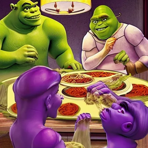 Image similar to Shrek and Thanos eating spaghetti at a fancy Italian restaurant, romantic candlelit dinner