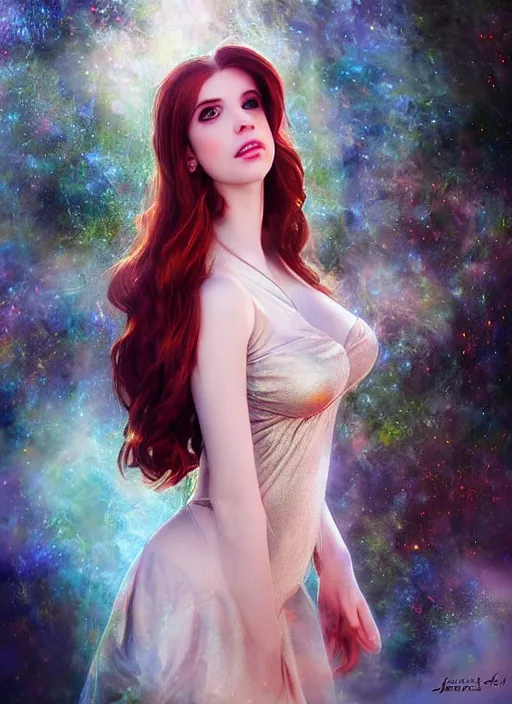 Prompt: of ethereal fantasy, young beautiful Amouranth, elegant, ethereal dreamy light, art by James Jeani