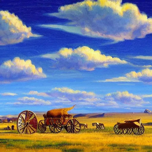 Image similar to a pioneer caravan of covered wagons, oil painting, great plains, american pioneers, oregon trail, fluffy clouds, wide view, epic, colors, ultra realistic