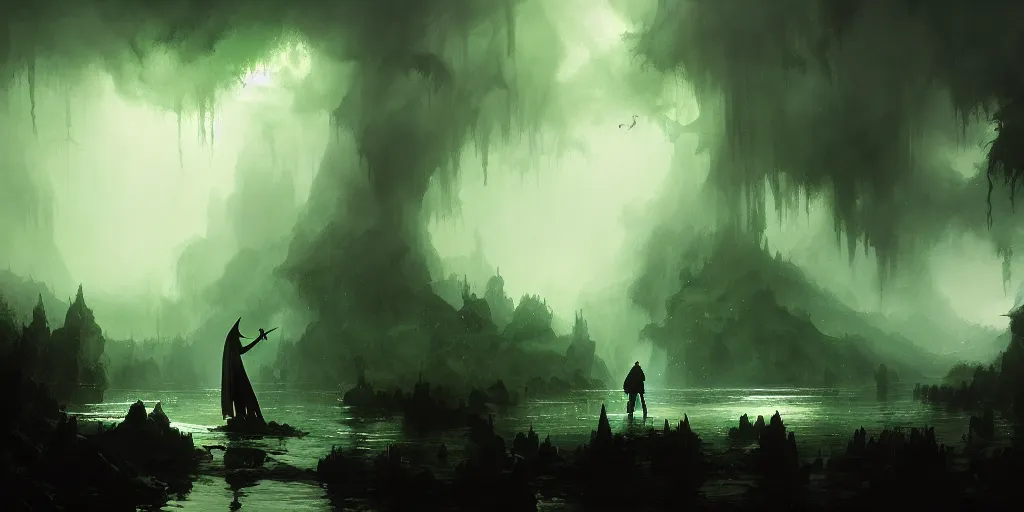 Image similar to magical subterranean river styx, a man in a cape on a boat with a sword, ethereal swirling green mist, dramatic lighting, magical atmosphere,, gothic illustration, greg rutkowski, andreas rocha, ashley wood, soft edges, low detail, trending on artstation