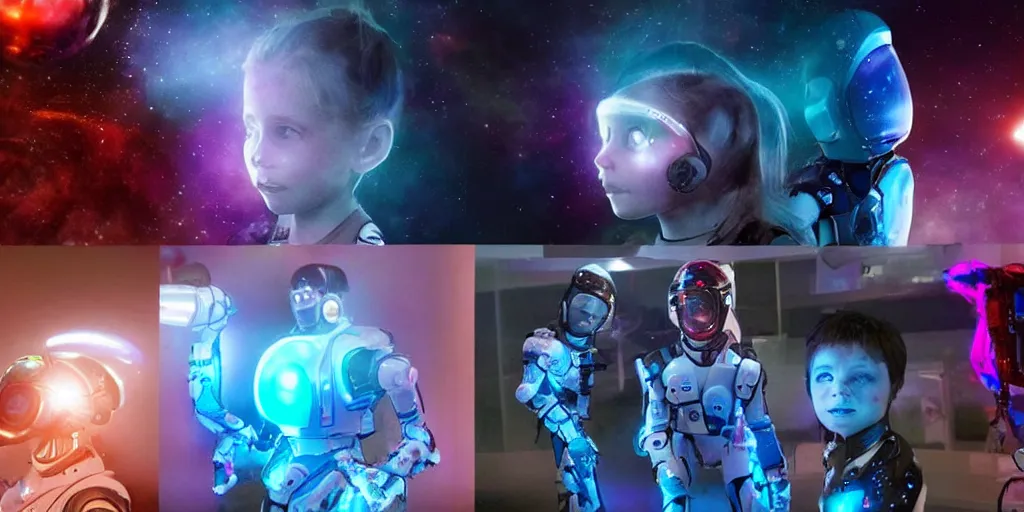 Image similar to futuristic children with rgb ambient lighting eye implants. the children wears spacesuits, and explores the cosmos rocket powered motorcycles. science fiction blockbuster movie teen nebulous or my robot ate my homework, dramatic lighting, interstellar film ( 2 0 1 4 )
