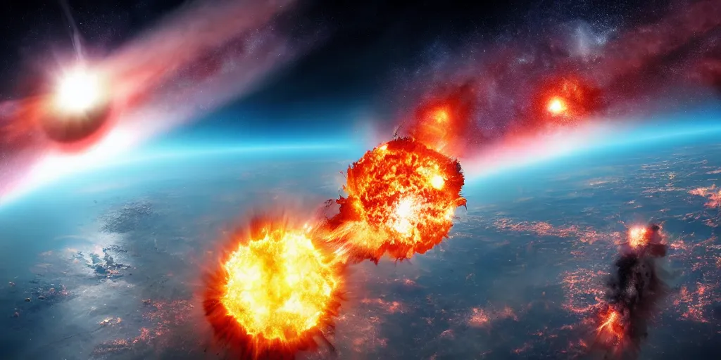 Image similar to orbital earth bombardment seen from space, galactic conquest, hell, fire, inferno, explosion, atomic bomb, dreamcore, realistic, doom, catastrophe, insanity, cinematic, end of humanity, 8 k, hdr, very detailed