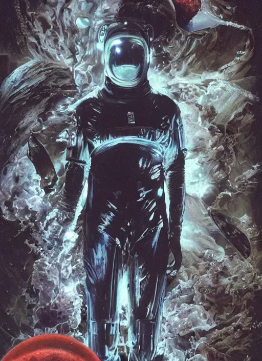 Image similar to astronauts in dark void underwater - complex and hyperdetailed technical suit. reflection and dispersion materials. rays and dispersion of light. volumetric light. f / 3 2. noise film photo. flash photography. ultra realistic, wide angle. poster by wayne barlowe, hajime sorayama aaron horkey, craig mullins