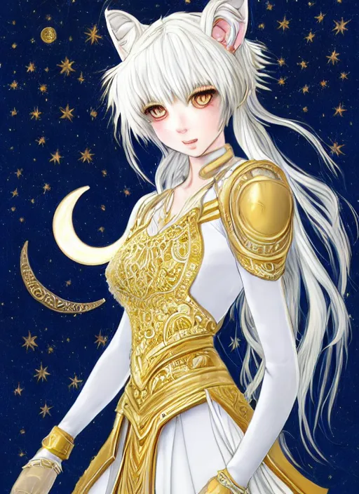 Image similar to commissioned full body portrait of a female anthro wolf princess fursona with white hair wearing a white and gold Chinese armored dress in a white and gold palace on a starry night with a large crescent moon, by a professional manga illustrator, Stanley Artgerm Lau, WLOP, Rossdraws, James Jean, Andrei Riabovitchev, Marc Simonetti, and Sakimichan, trending on artstation