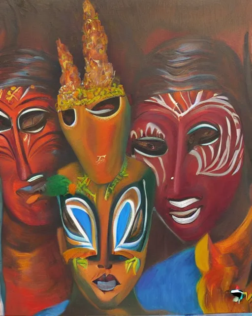 Image similar to Burkina Faso masquerade, painting by Toni Toscani, oil on canvas