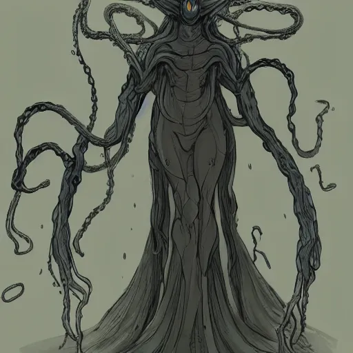 Image similar to concept designs for an ethereal wraith like figure with a squid like parasite latched onto its head and long tentacle arms that flow lazily but gracefully at its sides like a cloak while it floats around a forgotten kingdom in the snow searching for lost souls and that hides amongst the shadows in the trees, this character has hydrokinesis and electrokinesis for the resident evil village video game franchise with inspiration from the franchise Bloodborne and the mind flayer from stranger things on netflix