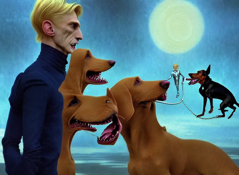 Image similar to realistic detailed portrait movie shot of an elegant blond male vampire with a barking doberman on a leash, sci fi landscape background by denis villeneuve, amano, yves tanguy, alphonse mucha, max ernst, roger dean, masterpiece, rich cold moody colours, dog teeth, blue eyes