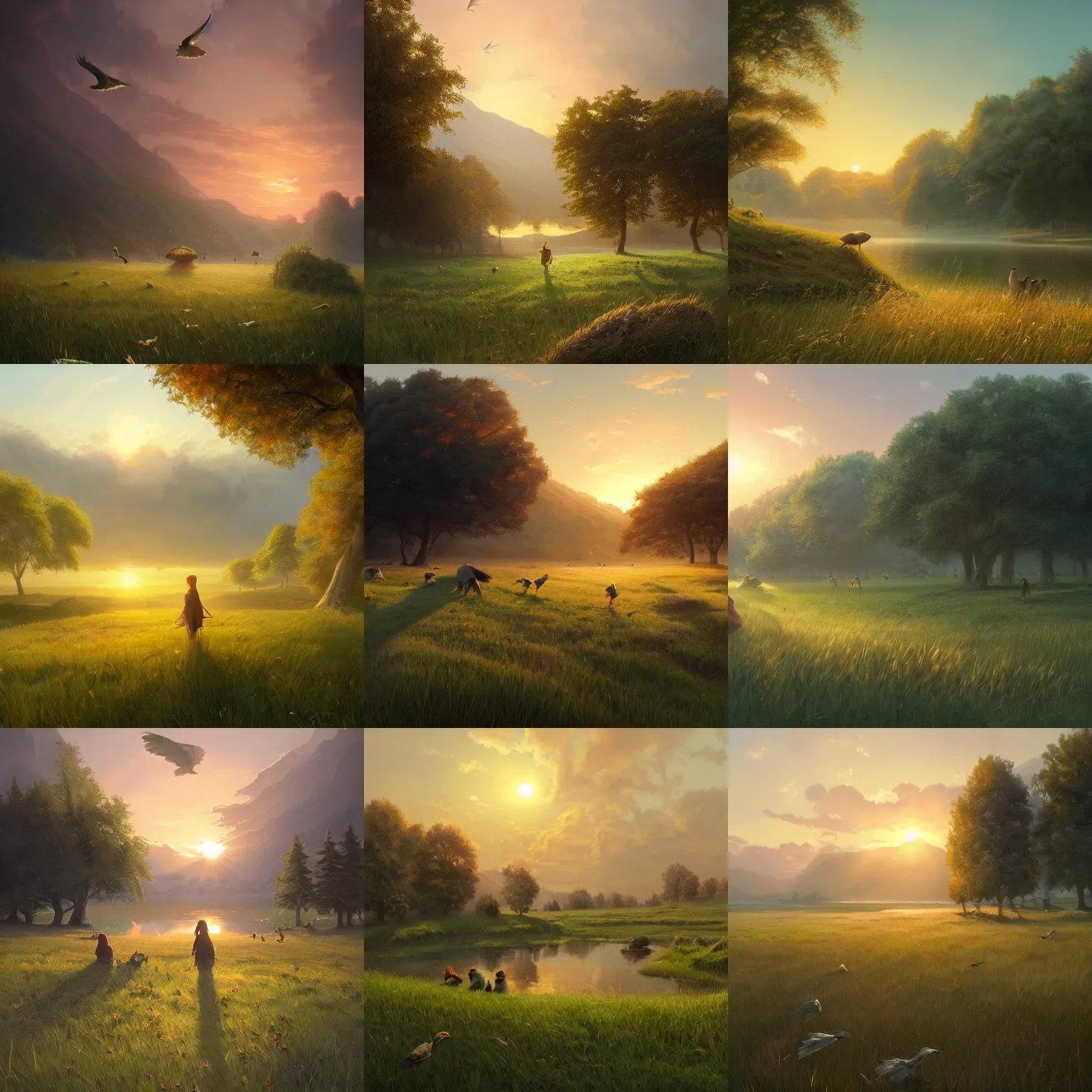 Prompt: a beautiful grassy meadow at sunset, birds, lake, a detailed matte painting by andreas rocha and greg rutkowski, featured on artstation, fantasy art, matte drawing, matte painting, artstation hq