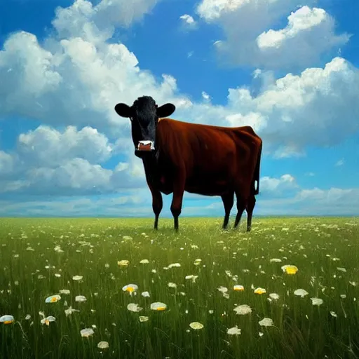 Image similar to Hyper realistic oil painting of a cow standing in the middle of a field of daisies, blue sky, high contrast, by greg rutkowski, trending on artstation