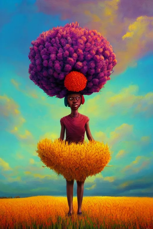 Prompt: closeup, large flower head, african woman in heather field, surreal photography, golden hour, colorful clouds, impressionist painting, digital painting, artstation, simon stalenhag