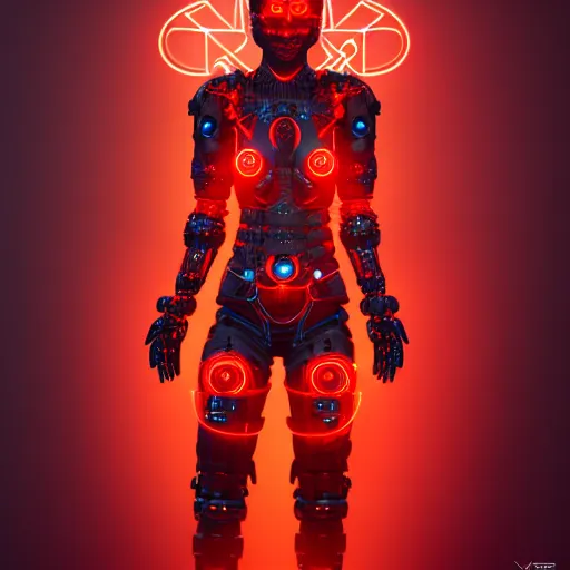 Image similar to cybernetic female warrior with glowing red heaphones and glowing red intricate sigils of death covering her body, intricate detail, finely detailed, small details, extra detail, trending on artstation, high resolution, 3D