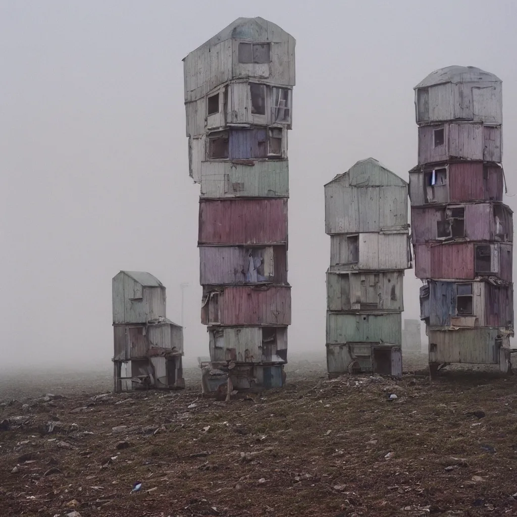 Prompt: two towers, made up of makeshift squatter shacks with pastel colours, uneven dense fog, dystopia, mamiya, f 1 1, fully frontal view, photographed by jeanette hagglund