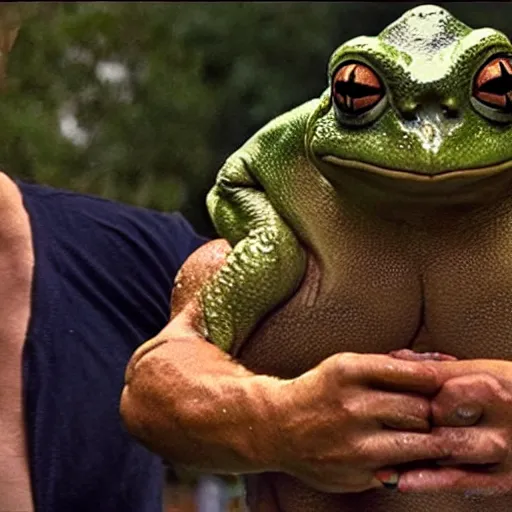 Image similar to dwayne johnson wrestling a big strong frog, pepe the frog, toad, film still by martin scorsese and quentin tarantino, award winning, 8 k