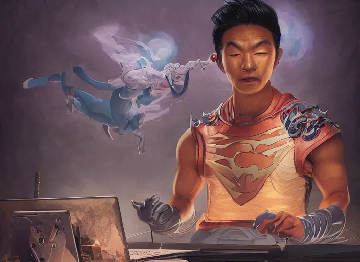 Image similar to an insanely detailed painting of an asian man wearing a homemade superhero costume, sitting at a desk, staring seriously at the computer and typing, in the style of peter mohrbacher, james jean, artgerm, dramatic lighting and composition, surreal background, octane render, pixar, trending on artstation, concept art, comic book, view from behind, 8 k