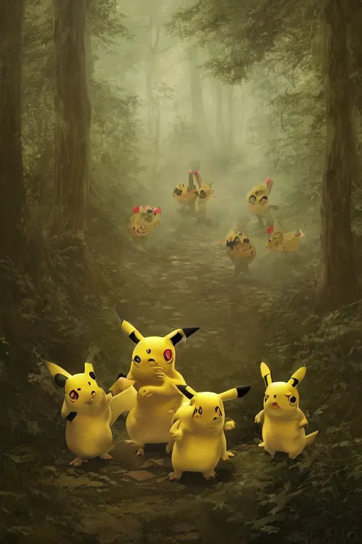 Image similar to A group of Pikachus in the forest, illustrated by Greg Rutkowski and Caspar David Friedrich., Trending on artstation, artstationHD, artstationHQ, 4k, 8k