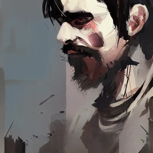 Image similar to human male character portrait, by Ismail Inceoglu, black hair, beard, scars, dark eyes, shabby clothes, art, dungeons and dragons, digital art