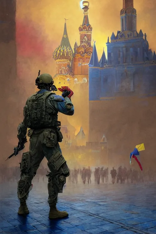 Image similar to special forces soldier installin ukrainian blue and yellow flag on red square kremlin, masculine figure, d & d, fantasy, bright atmosphere, volumetric lights, intricate, elegant, extremely detailed, digital painting, artstation, concept art, matte, smooth, sharp focus, hyper realistic, illustration, art by artgerm and greg rutkowski and alphonse mucha