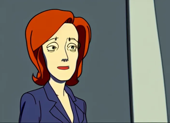 Image similar to an animation still of dana scully, in the style of studio ghibli, netflix animation, toei animation, filmation animation, traditional animation, sharp detail, animation cel, 2 - level shading