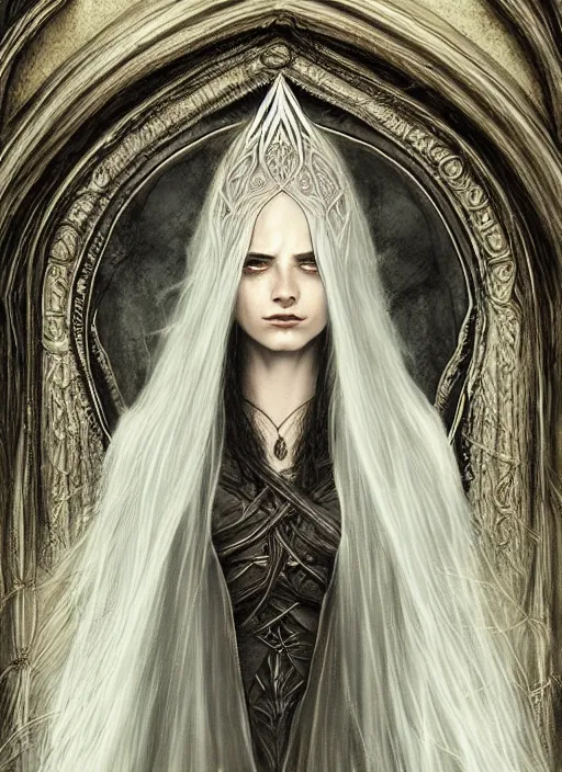 Image similar to immortal majestic elven sorceress wearing a cloak, long beautiful strands of pale white hair, engraving, concept art, elden ring, illustration, smooth, sharp focus, by gustave dore and greg rutkowski, hyper realistic face, piercing beautiful eyes, fantasy art, in the style of midjourney, intricate, alphonse mucha, hyper detailed