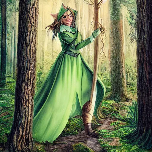 Image similar to a realistic portrait of a female elf with a long withe and light green dress holding a scepter walking in the woods , perfect and hyper datailed face, wild face , detailed trees