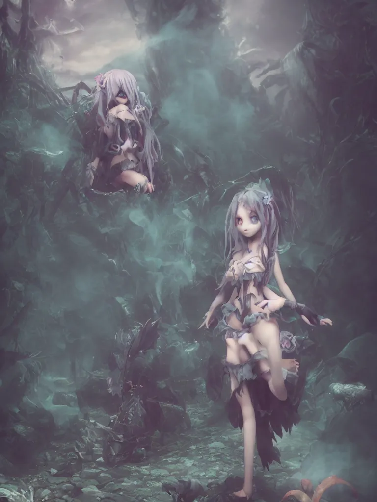 Image similar to cute fumo plush of a frail cursed witch girl wandering the depths of the forbidden jungle, gothic wraith maiden, wispy smoke and volumetric fog, beyond the mirror, asymmetric beauty, vignette, vray