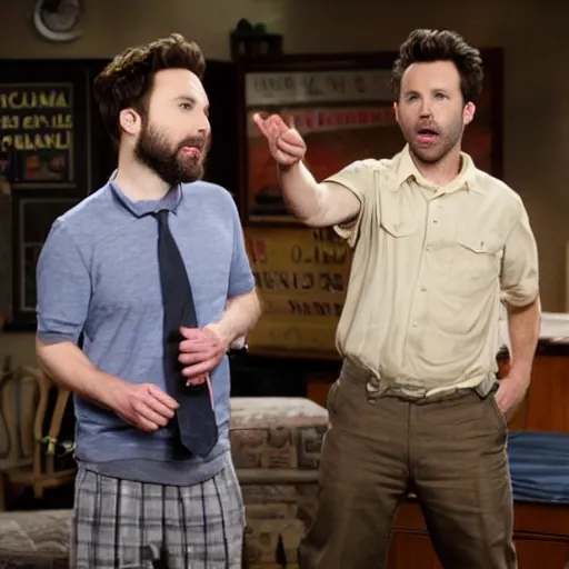 Image similar to Charlie Day and Rob McElhenney using invisible shake weights, norman Rockwell