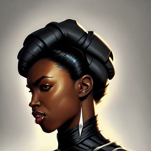 Image similar to portrait of woman black panther character, confident pose, sharp focus, illustration, highly detailed, concept art, matte, trending on artstation, anime, comics, marvel, art by wlop and artgerm and greg rutkowski, h 6 4 0